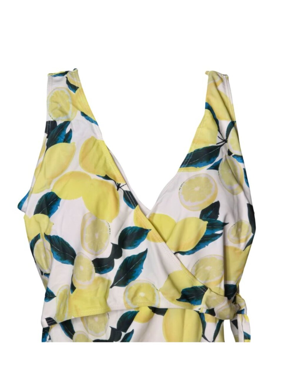 Lemon Print One‑Piece Swimsuit LG Wrap Tie V Neck Ruched Sides Lined - Picture 2 of 9